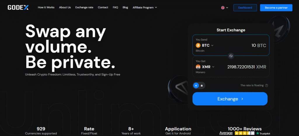 GODEX privacy-focused instant exchange supporting 919 cryptocurrencies.