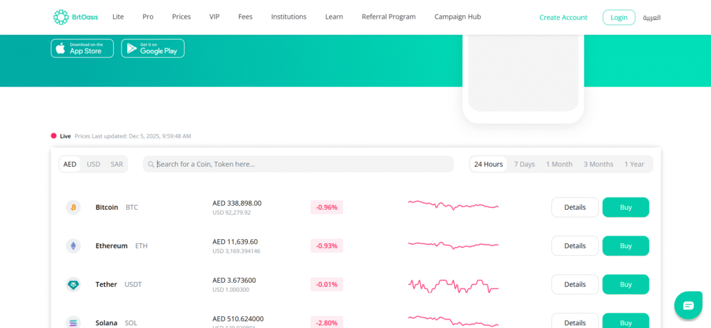 BitOasis UAE native crypto exchange in Dubai with AED deposits and Arabic language support.