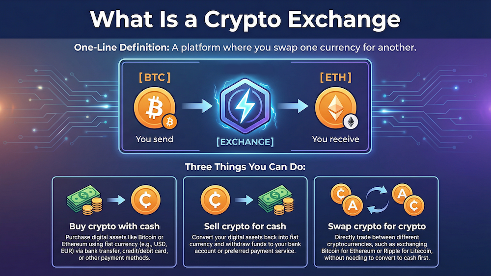 Infographic explaining what a crypto exchange is: a platform to swap currencies. Shows Bitcoin to Ethereum exchange flow and three functions—buy crypto with cash, sell crypto for cash, and swap crypto for crypto.