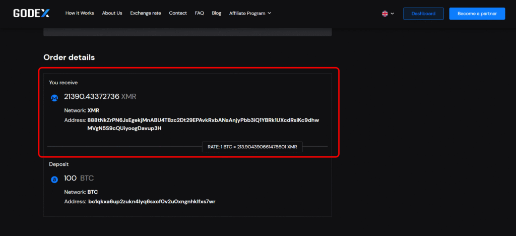 GODEX order details page displaying deposit address, receiving amount, and live BTC to XMR exchange rate