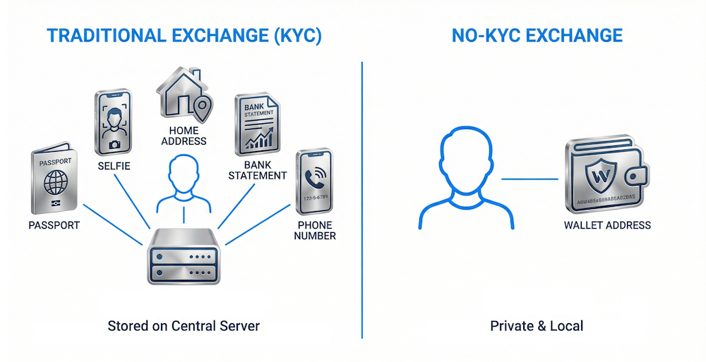 Comparison infographic showing traditional KYC exchange requiring passport, selfie, address, bank statement, and phone versus no-KYC exchange needing only wallet address