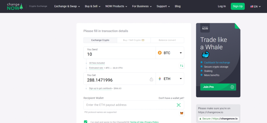  ChangeNOW crypto exchange interface showing BTC to ETH transaction details with Pro membership benefits sidebar.