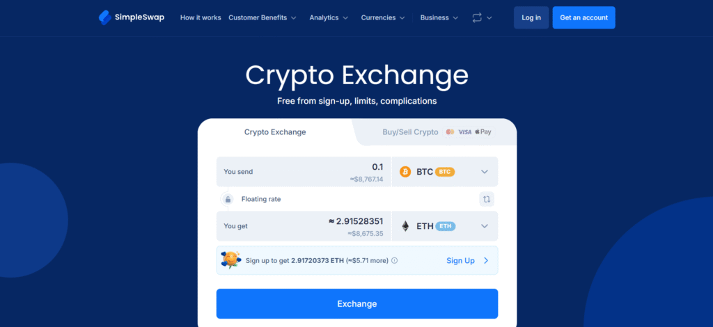 SimpleSwap homepage interface showing BTC to ETH crypto exchange with floating rate option and sign-up prompt.