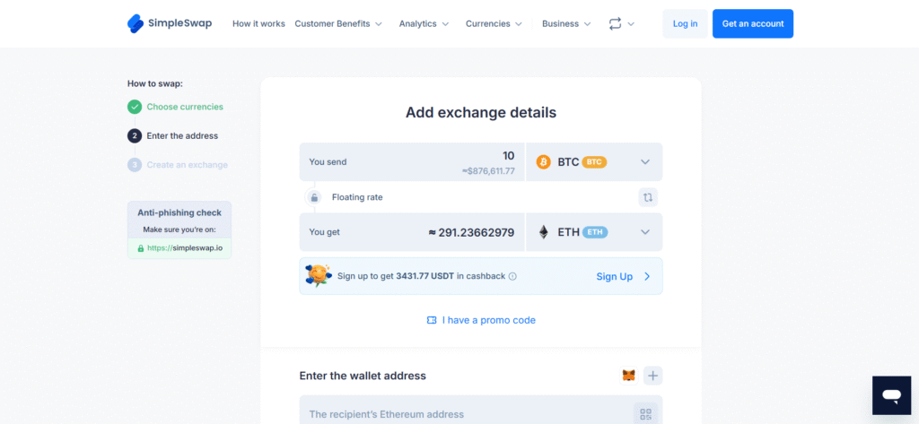 SimpleSwap exchange interface displaying BTC to ETH conversion with step-by-step swap process and USDT cashback offer.
