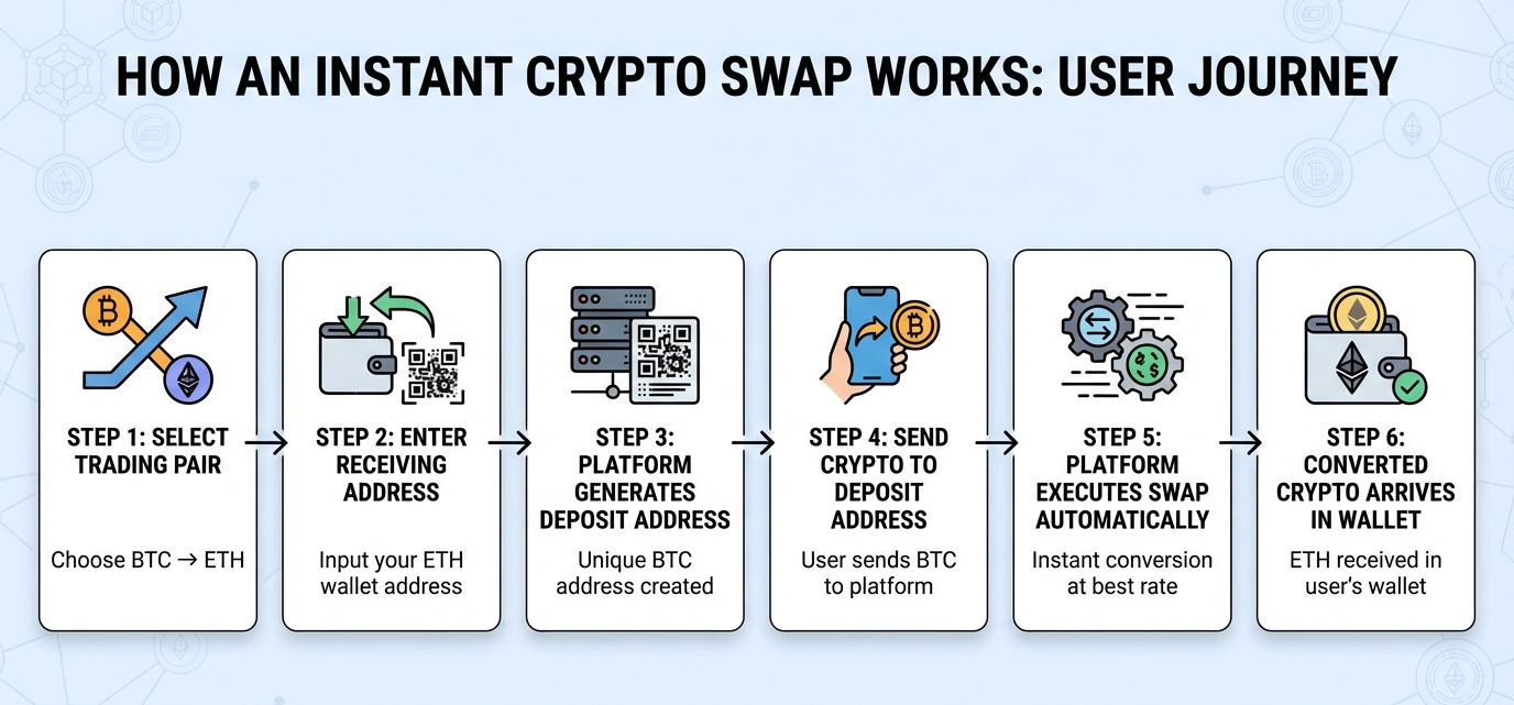 How an instant cryptocurrency swap works: 6-step user journey from selecting trading pair to receiving converted crypto in wallet.