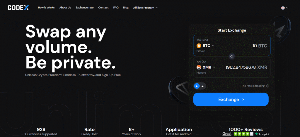 Godex privacy-friendly crypto exchange homepage with 928 supported assets as a top FixedFloat alternative.