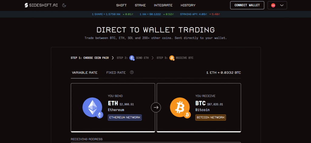 SideShift fast crypto swap platform with API access and wallet integrations.
