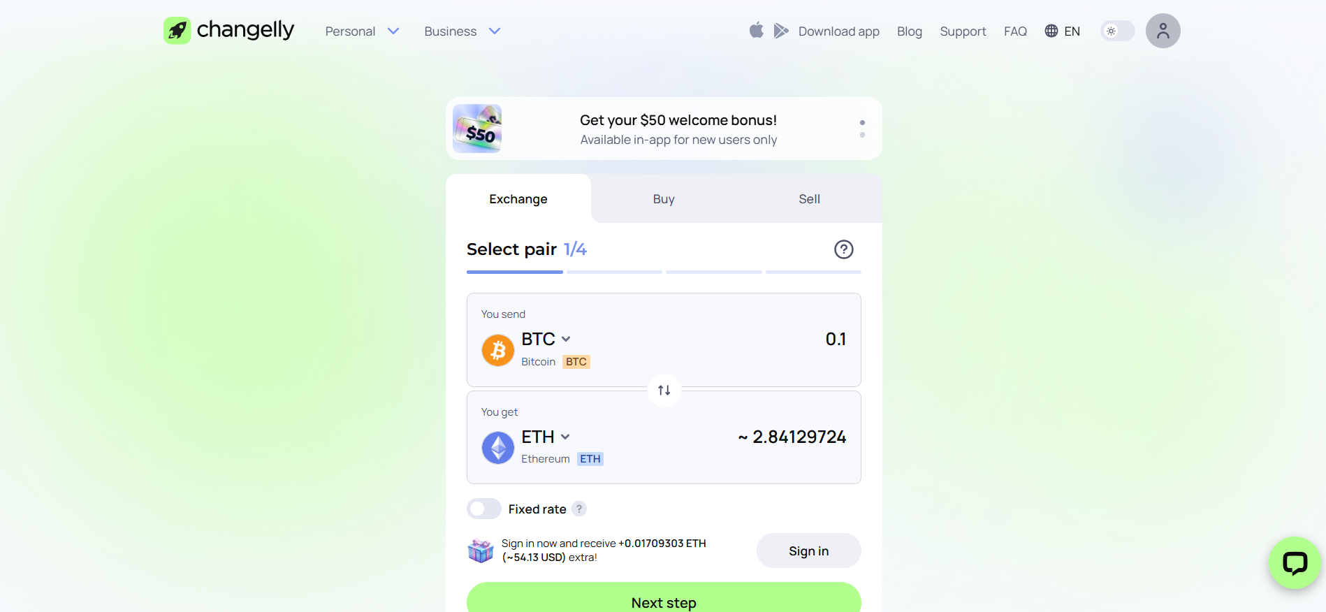 Changelly cryptocurrency exchange interface displaying BTC to ETH swap with fixed rate toggle and step-by-step pair selection.