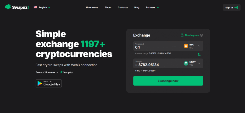 Swapuz user-friendly interface to swap cryptocurrencies with 400 supported digital assets.