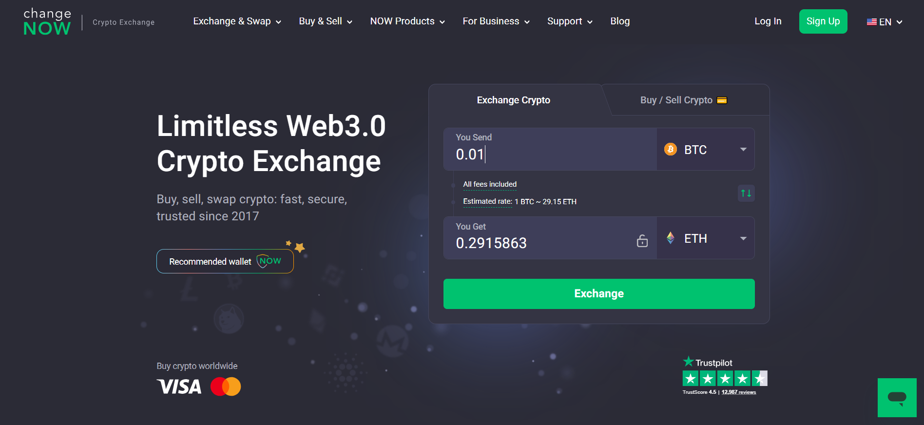 ChangeNOW Web3 crypto exchange interface showing BTC to ETH instant swap with all fees included and Trustpilot rating.