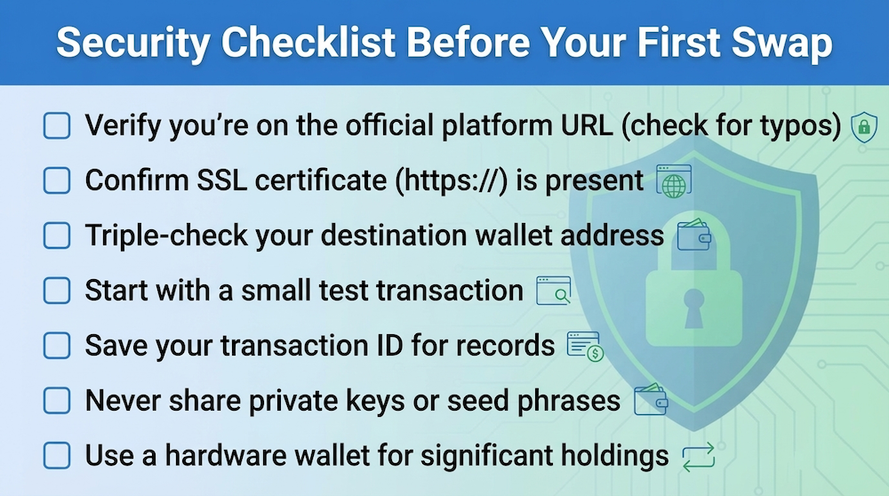 Security checklist before your first crypto swap: 7 essential steps including URL verification, SSL check, and wallet address confirmation.