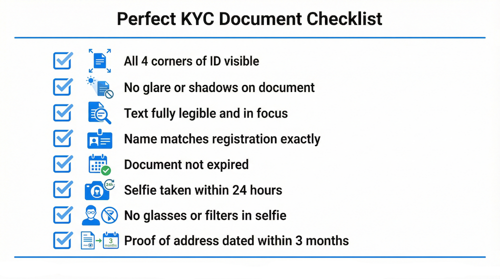 Perfect KYC document checklist for crypto exchange verification showing 8 requirements: all 4 corners of ID visible, no glare or shadows, text fully legible, name matches registration, document not expired, selfie within 24 hours, no glasses or filters, proof of address within 3 months.