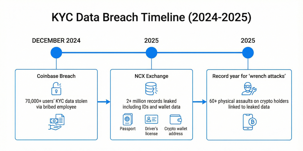 KYC data breach timeline 2024-2025 showing Coinbase breach affecting 70,000 users, NCX Exchange leak of 2 million records including IDs and wallet data, and record year for physical wrench attacks on crypto holders linked to leaked KYC information.
