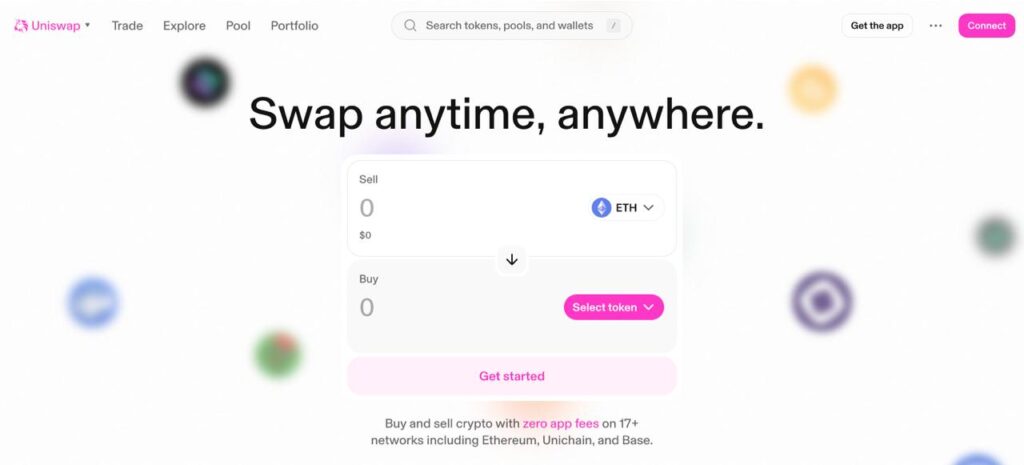 Uniswap decentralized exchange interface showing ETH swap widget with "Swap anytime, anywhere" headline and zero app fees across 17+ networks.