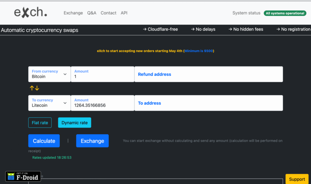 Minimalist cryptocurrency exchange with focus on speed and privacy preservation