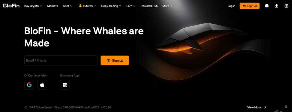 BloFin crypto exchange homepage with "Where Whales are Made" tagline, sign-up form, and futures trading options for high-volume traders.