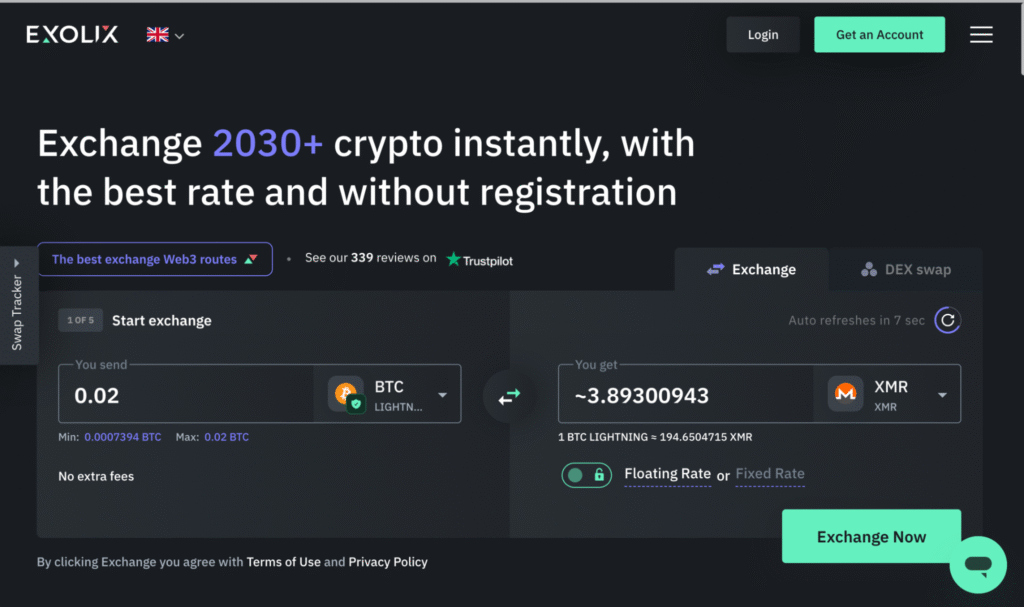 Minimalist exchange platform interface emphasizing fast transaction processing and competitive swap rates.
