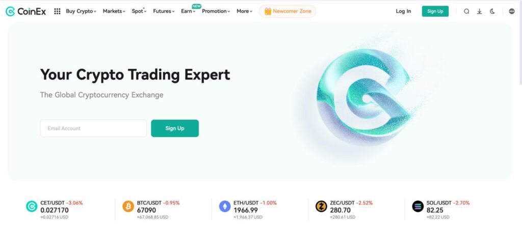 CoinEx global cryptocurrency exchange homepage with live BTC, ETH, SOL price tickers and account sign-up form.