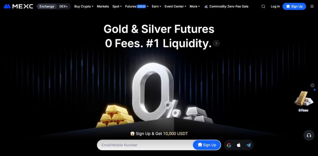 MEXC exchange homepage promoting Gold and Silver Futures with zero fees and top liquidity.