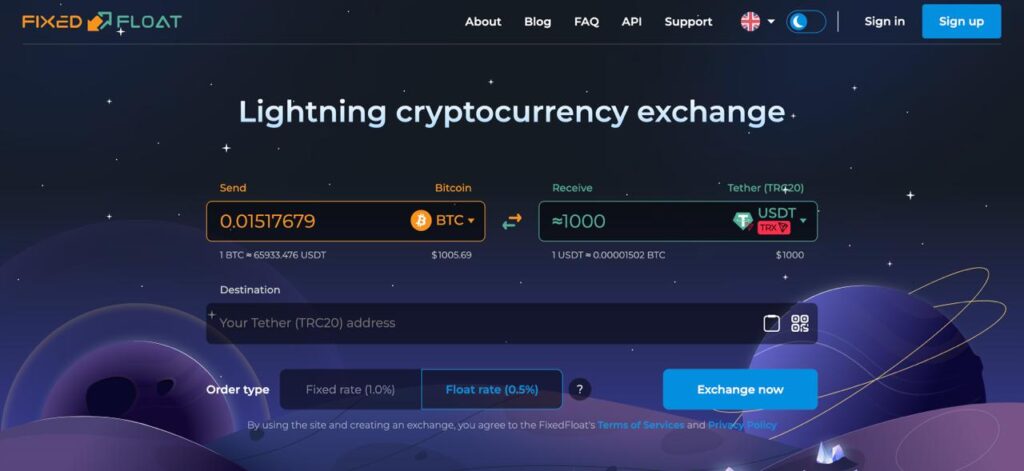 FixedFloat lightning cryptocurrency exchange interface showing BTC to USDT TRC20 swap with fixed and float rate order options.