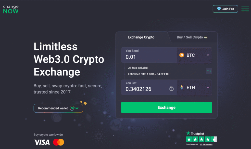 Modern exchange platform homepage featuring cryptocurrency swap tools and market overview sections.