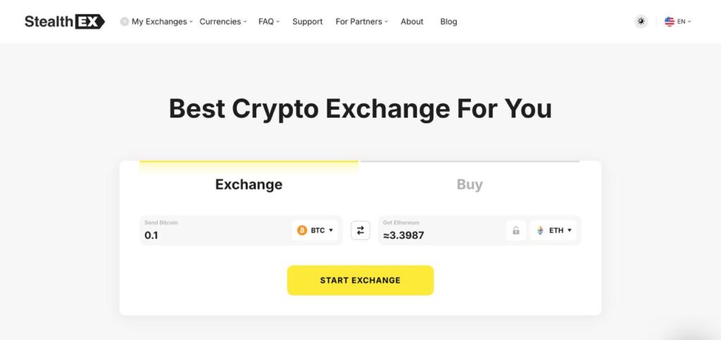 StealthEX crypto exchange interface showing BTC to ETH small swap with floating rate and instant exchange option.