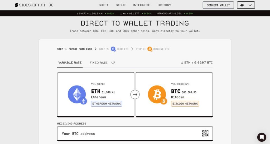 SideShift.ai anonymous crypto exchange interface showing ETH to BTC direct-to-wallet swap with variable and fixed rate options.