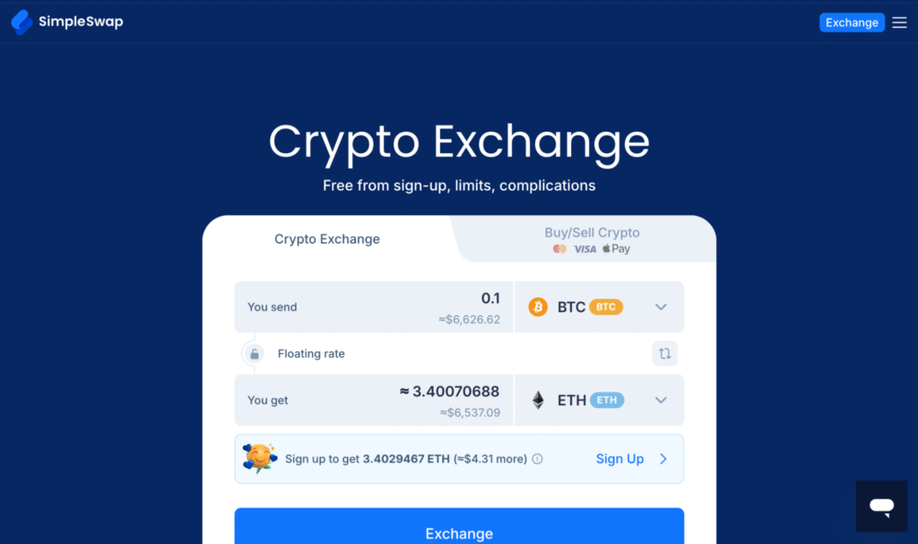 User-friendly crypto exchange with simplified trading interface and quick swap options