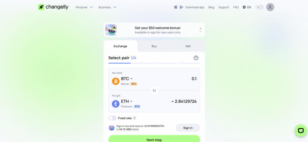 Changelly cryptocurrency exchange interface displaying BTC to ETH swap with fixed rate toggle and step-by-step pair selection.