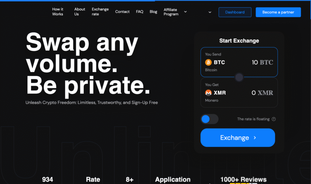 Cryptocurrency exchange interface with instant swap functionality and multi-coin support