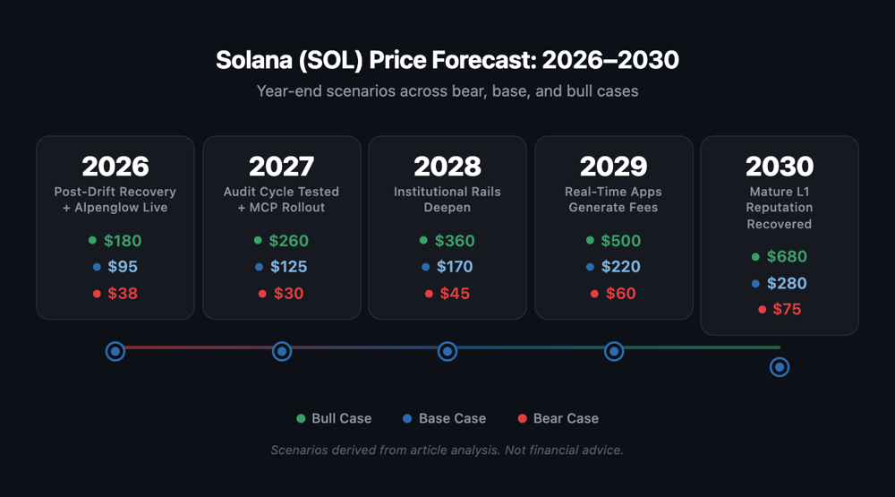 Five-year horizontal timeline (2026–2030) with bear/base/bull price targets per year and gradient track from red to green