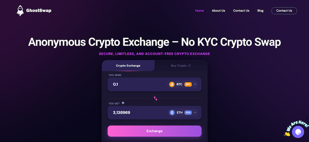 GhostSwap anonymous crypto exchange homepage with no-KYC BTC to ETH swap widget and "Secure, Limitless, and Account-Free Crypto Exchange" tagline.