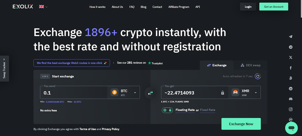 Exolix crypto exchange platform showing BTC to XMR instant swap with floating and fixed rate toggle, no registration required.