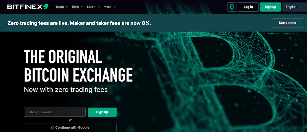 Bitfinex exchange homepage advertising zero trading fees — full KYC platform with data retention policy of up to 10 years after account deletion.