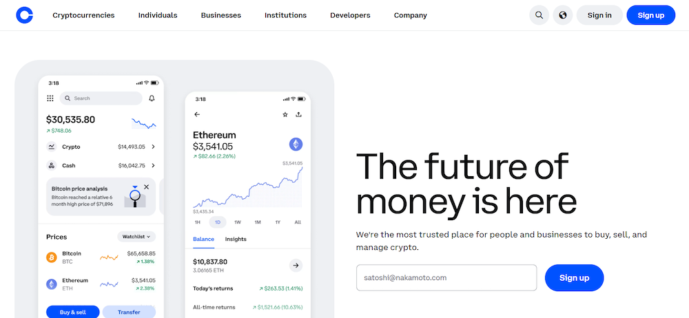 Coinbase exchange homepage showing sign-up interface — full KYC crypto platform that collects identity, biometric, and financial data from all users.