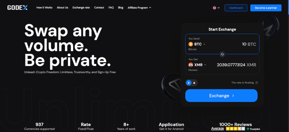 Godex privacy-focused crypto swap platform homepage showing BTC to XMR exchange interface with "Swap any volume. Be private." headline and 937 supported currencies.