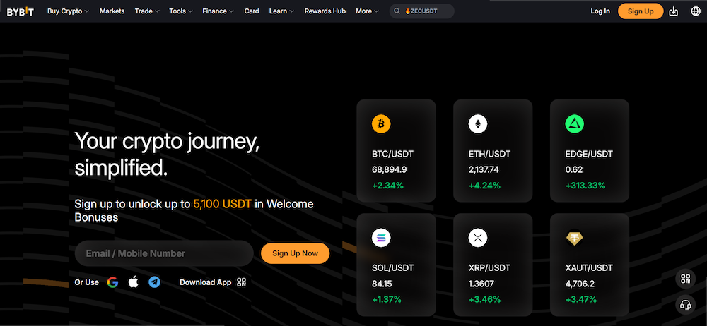 Bybit exchange homepage showing crypto trading pairs — custodial platform requiring full identity verification and affected by a $1.5 billion security breach in 2025.