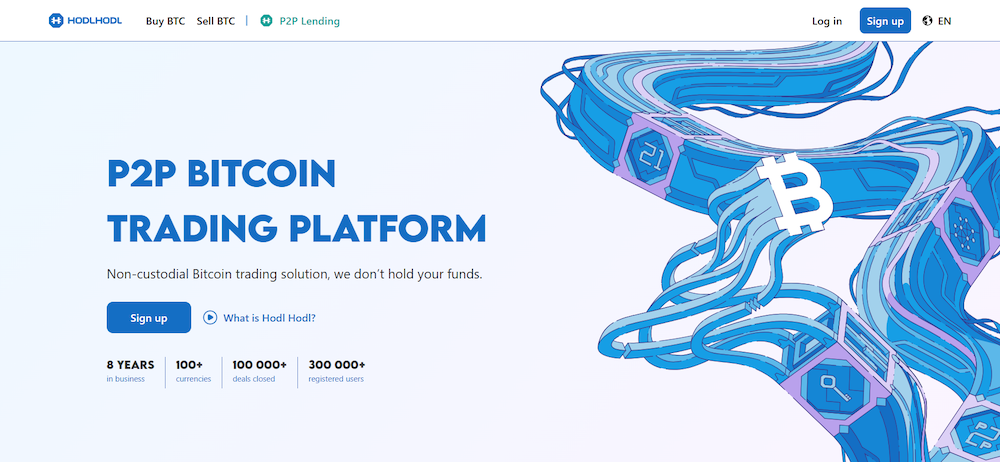 Hodl Hodl non-custodial P2P Bitcoin trading platform homepage showing 8 years in business, 100,000+ deals closed and 300,000+ registered users stats.