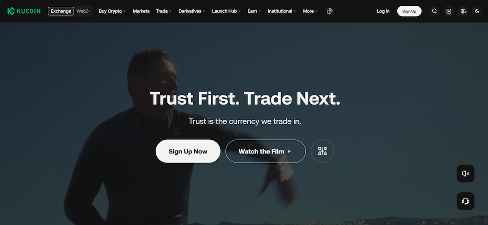 KuCoin exchange homepage with Trust First Trade Next slogan — formerly privacy-friendly platform that introduced mandatory KYC verification in 2023.