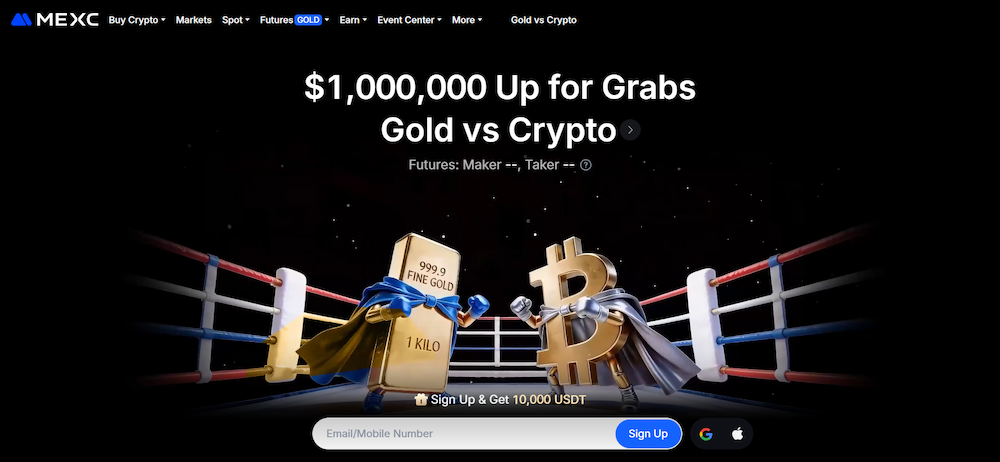 MEXC cryptocurrency exchange homepage featuring spot, futures, and margin trading with no mandatory KYC for standard withdrawal limits up to 10 BTC per day.
