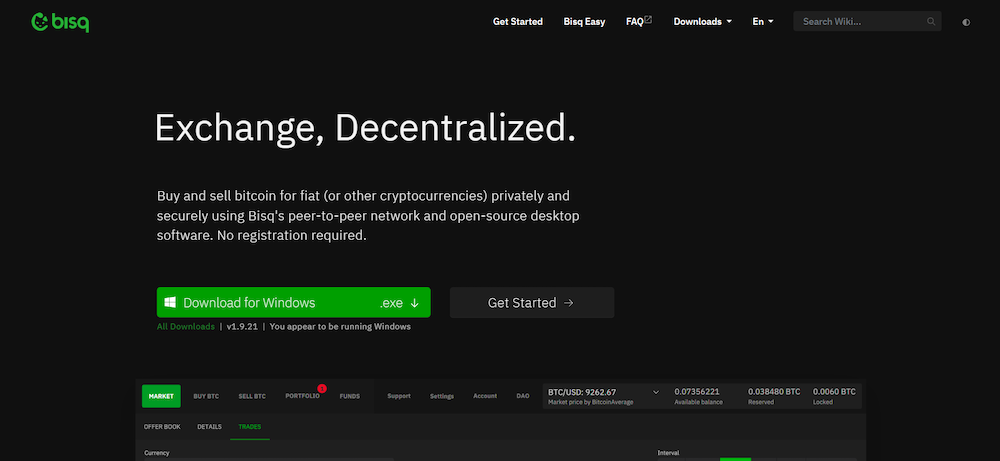 Bisq decentralized peer-to-peer exchange homepage — open-source privacy-first trading platform with no registration, no KYC, and no central data storage.