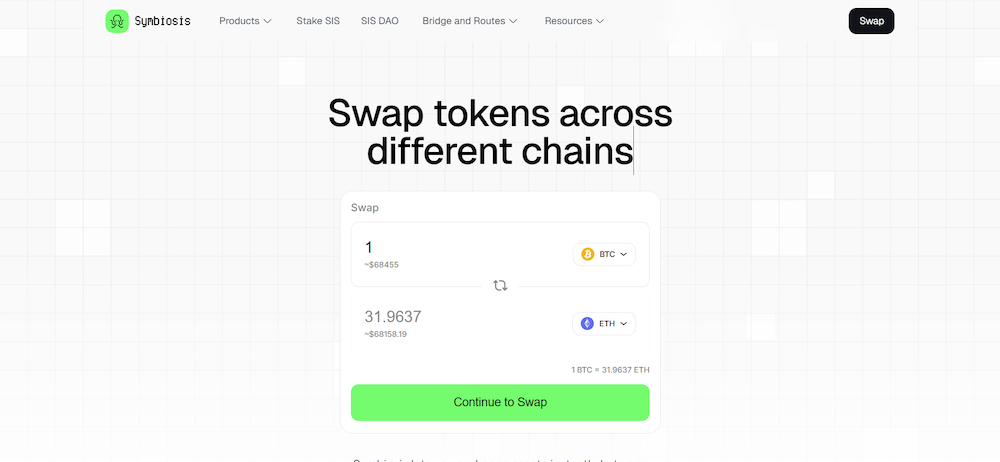 Symbiosis Finance cross-chain swap interface showing BTC to ETH conversion across different blockchain networks.