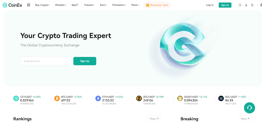 CoinEx global cryptocurrency exchange interface displaying live BTC, ETH, and altcoin trading pairs including spot, futures, and earn products without mandatory identity verification.