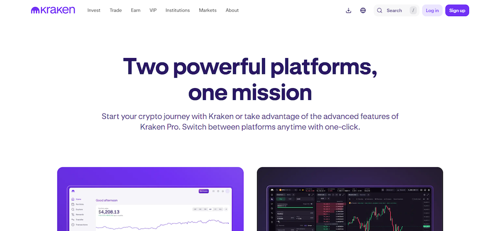 Kraken cryptocurrency exchange homepage with two-platform interface — compliance-focused exchange collecting full KYC data including government ID and biometrics.
