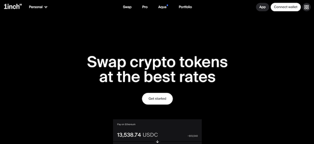 1inch DEX aggregator homepage showing USDC crypto token swap interface for best-rate decentralized exchange on Ethereum.
