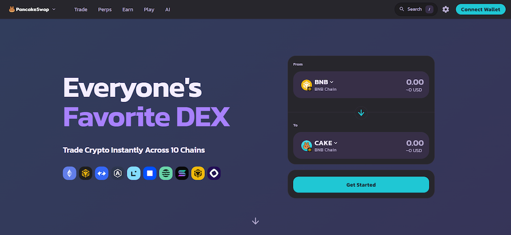PancakeSwap DEX homepage on BNB Chain showing BNB to CAKE wallet-connected swap interface with "Everyone's Favorite DEX" headline.