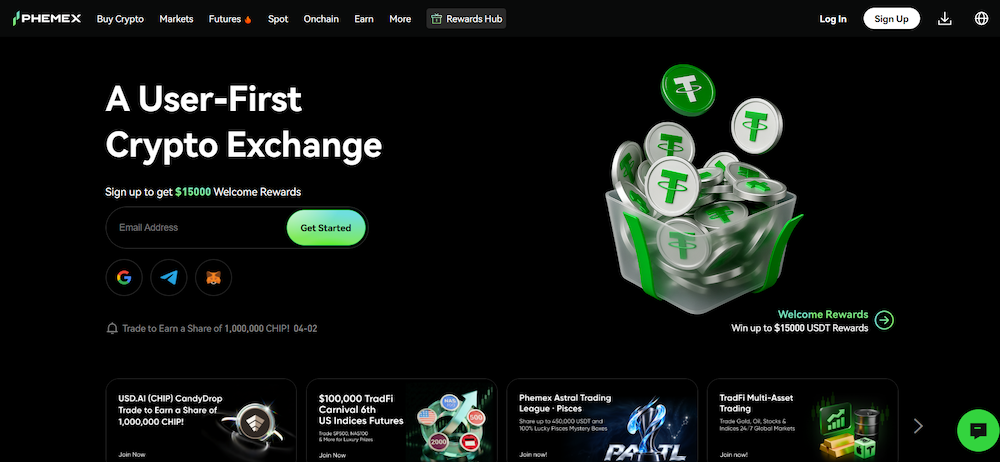 Phemex crypto trading platform homepage promoting user-first exchange with futures trading, spot markets and $15,000 welcome rewards.