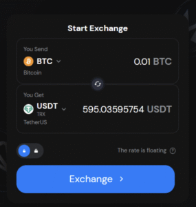 screenshot of a floating-rate swap of BTC to USDT on Godex platform