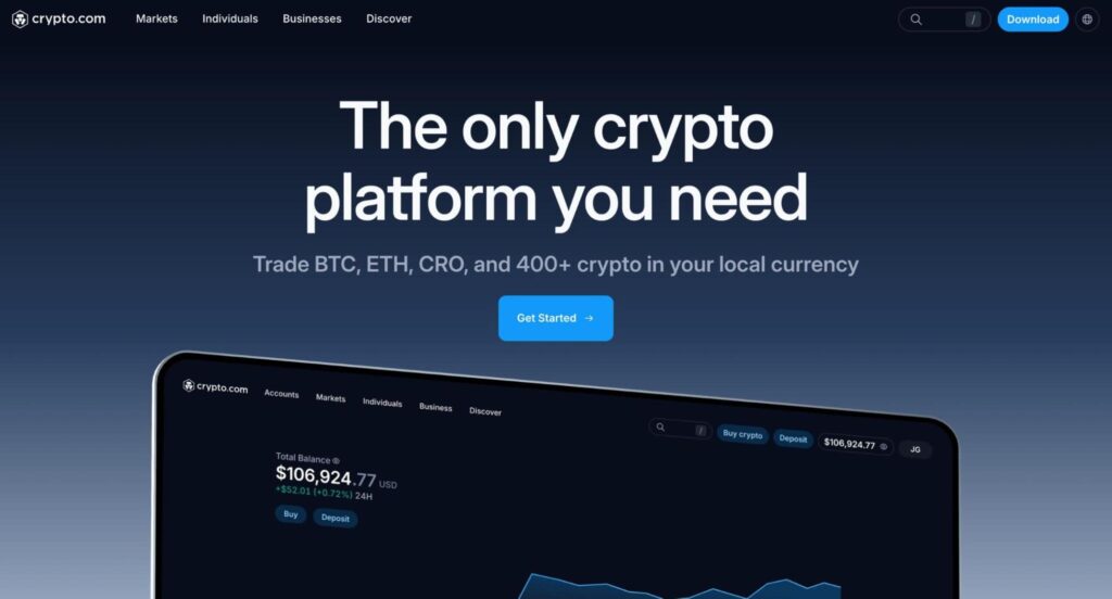 Crypto.com web platform interface showing total portfolio balance and Buy/Deposit options — MAS-licensed crypto exchange available in Singapore