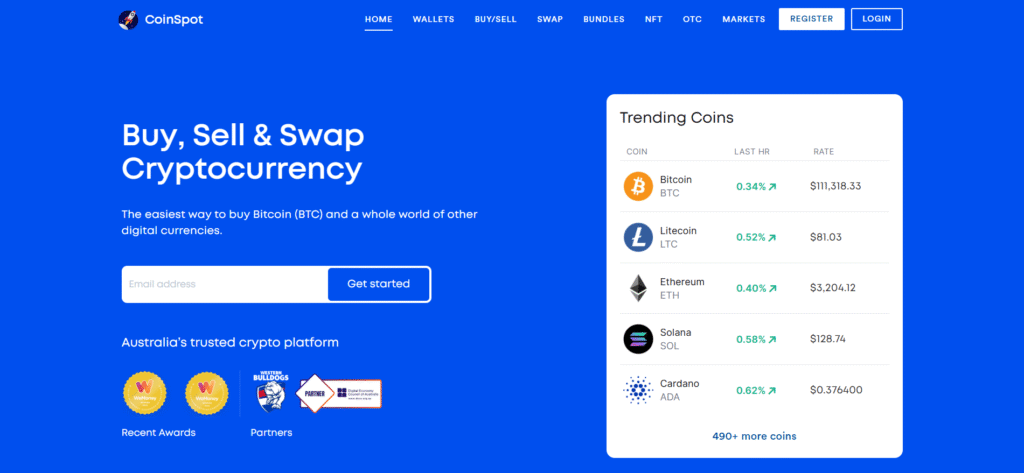 CoinSpot Australian crypto exchange homepage with 490 plus coins available and trending prices for Bitcoin, Litecoin, Ethereum, Solana and Cardano.